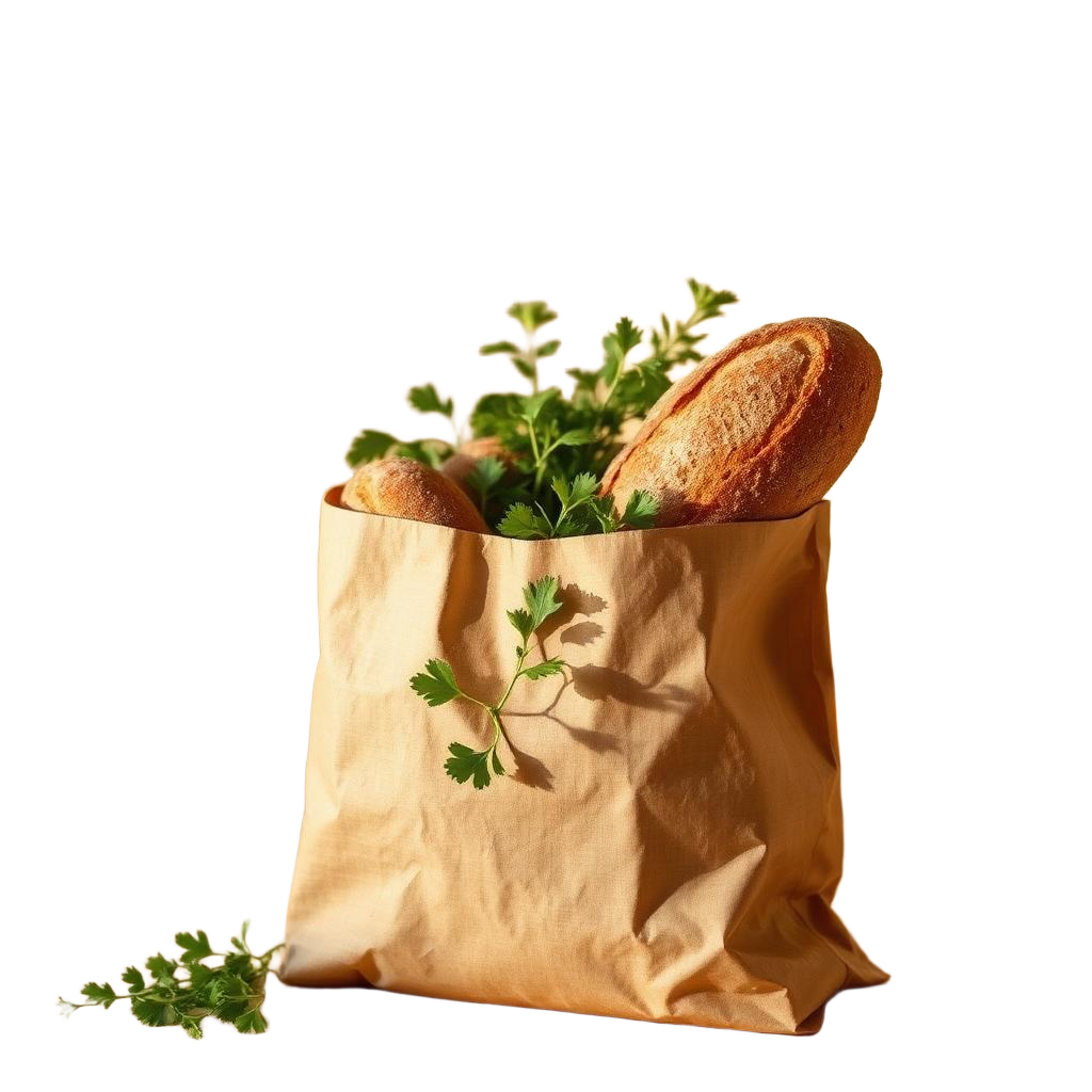 Sacola de papel com pães e verduras frescas
